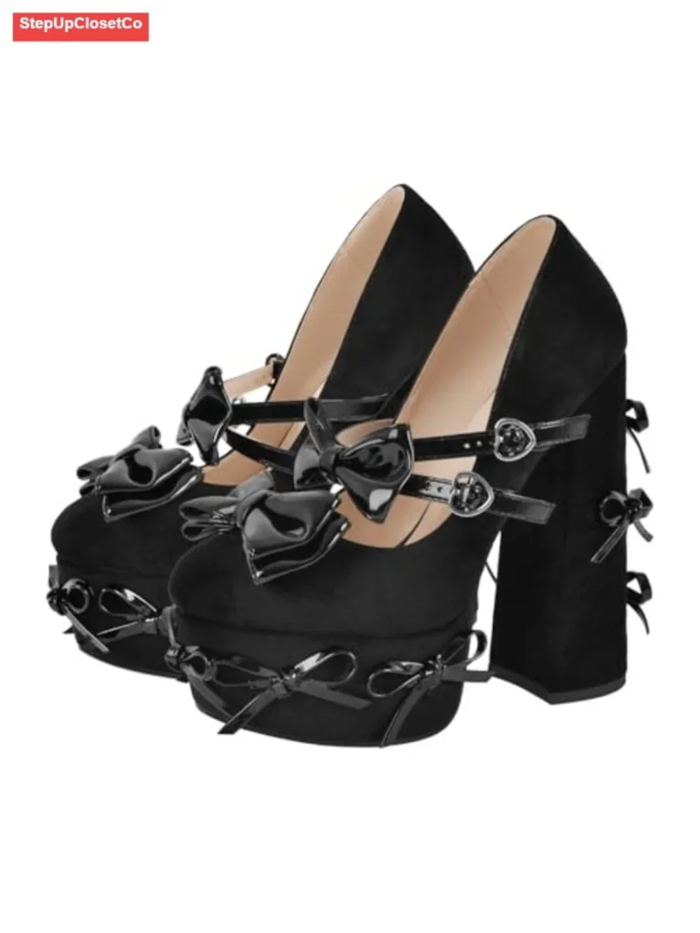 Women's Mary Jane Chunky Heel Platform Pumps Bowknots Faux Suede